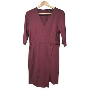Topshop Women Ponte Faux Wrap Maroon V-Neck Dress 3/4 Sleeves Size 10